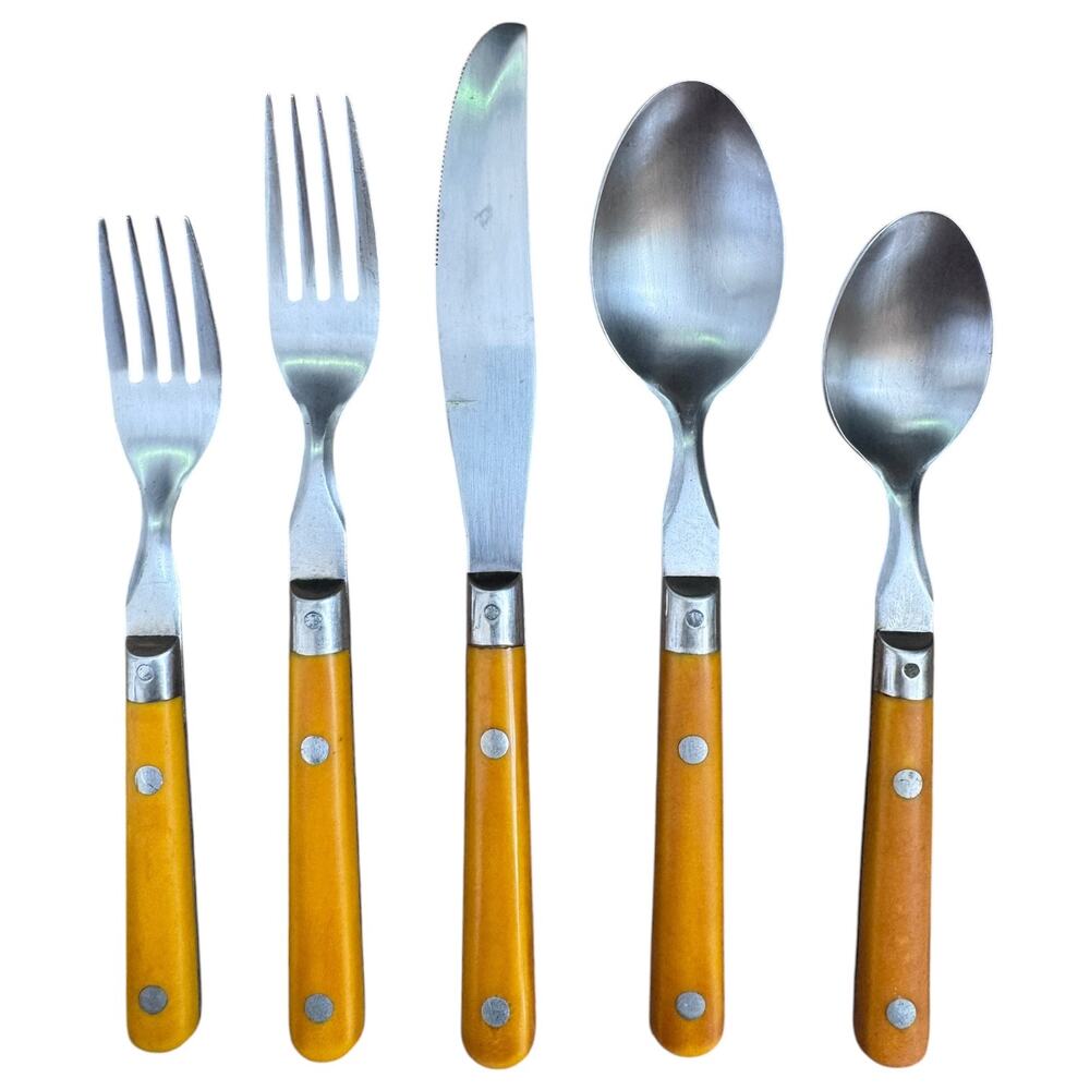 1970s Washington Forge Mardi Gras Butterscotch Yellow Flatware Set 35 Pieces